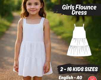 Modello di cucito per abito a balze a strati per bambine, tutorial digitale per abito con balze