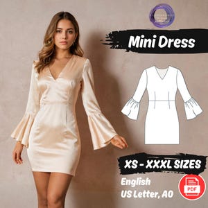Bell Sleeve Dress Pattern, Mini V Neck Dress Pattern, Silk Cocktail Dress Pattern, Women Dress Sewing Pattern Tutorial, Beginner Pattern
