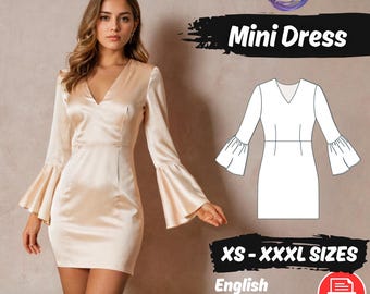 Mini Bell Sleeve V-Neck Dress Sewing Pattern, Beginner Tutorial PDF Pattern