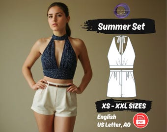 Halter Crop Top & Shorts Sewing Pattern Set (PDF)