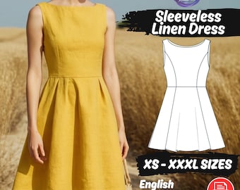 Patrón de costura para vestido de lino tipo delantal, vestido midi informal sin mangas