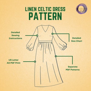 Puede incluir: Un patr&oacute;n de costura digital para un vestido celta de lino. La imagen presenta un dibujo lineal del vestido con mangas largas y cuello en V. El texto incluye "Linen Celtic Dress Pattern", "Detailed Sewing Instructions" y "Detailed Size Chart".
