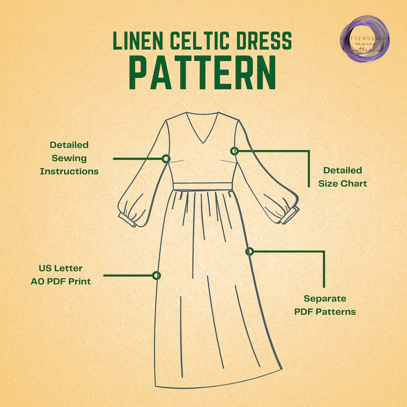 Puede incluir: Un patr&oacute;n de costura digital para un vestido celta de lino. La imagen presenta un dibujo lineal del vestido con mangas largas y cuello en V. El texto incluye "Linen Celtic Dress Pattern", "Detailed Sewing Instructions" y "Detailed Size Chart".