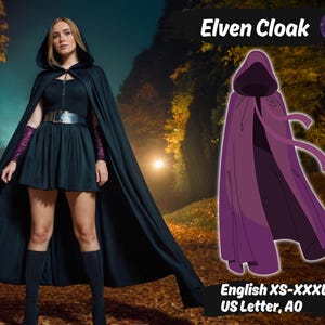 Puede incluir: Una capa con capucha morada con una larga capa fluida. La capa está ilustrada sobre un fondo blanco con el texto "Elven Cloak" y "English XS-XXXL US Letter, AO" debajo de la imagen.