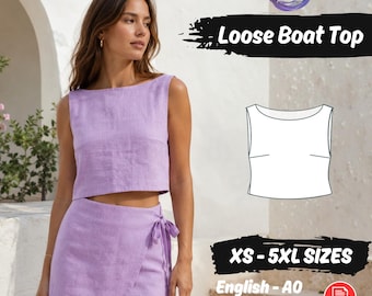 Patrón de costura para top corto, camisa holgada con cuello barco, tutorial en PDF, blusa sin mangas de verano.