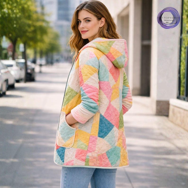 Hooded Jacket Sewing Pattern Pockets Patchwork Quilted Coat Sewing Tutorial XXS-5XL Download image 4