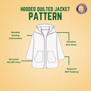 May include: A digital sewing pattern for a hooded quilted jacket. The graphic features a line drawing of a jacket with a diamond-quilted texture, a hood, and two front pockets. Text includes Hooded Quilted Jacket Pattern, Detailed Sewing Instructions, Detailed Size Chart, US Letter AO PDF Print, and Separate PDF Patterns.
