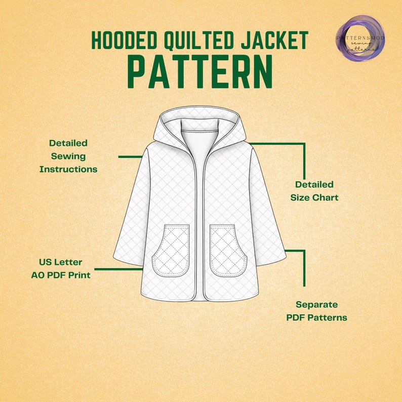 May include: A digital sewing pattern for a hooded quilted jacket. The graphic features a line drawing of a jacket with a diamond-quilted texture, a hood, and two front pockets. Text includes Hooded Quilted Jacket Pattern, Detailed Sewing Instructions, Detailed Size Chart, US Letter AO PDF Print, and Separate PDF Patterns.