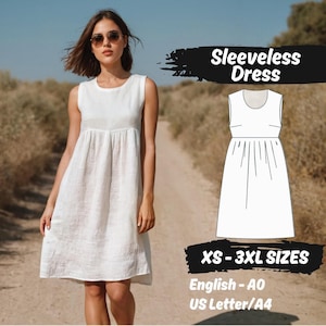 Modello di cucito per abito midi in lino / capo estivo senza maniche in stile arricciato