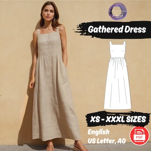 May include: A digital sewing pattern for a gathered maxi dress. The pattern includes sizes XS-XXXXL and is available in English, US Letter, and A0 formats. The pattern is in PDF format.