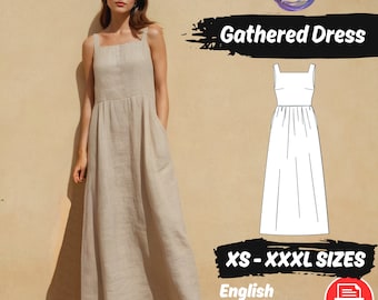 Maxi Linen Cottagecore Dress Sewing Pattern, Pockets Long Dress Pattern, Summer Gathered Dress Pattern, Easy Dress PDF Pattern