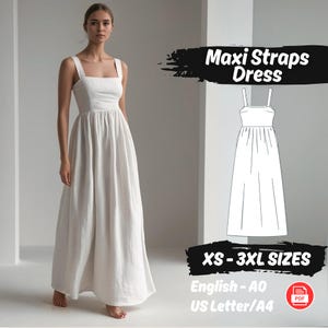 Maxi Linen Dress Sewing Pattern, Women Summer Long Dress with Pockets PDF Pattern, Gathered Waist Boho Dress Sewing Pattern