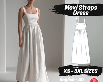Maxi Linen Dress Sewing Pattern, Gathered Waist Boho Style PDF Pattern