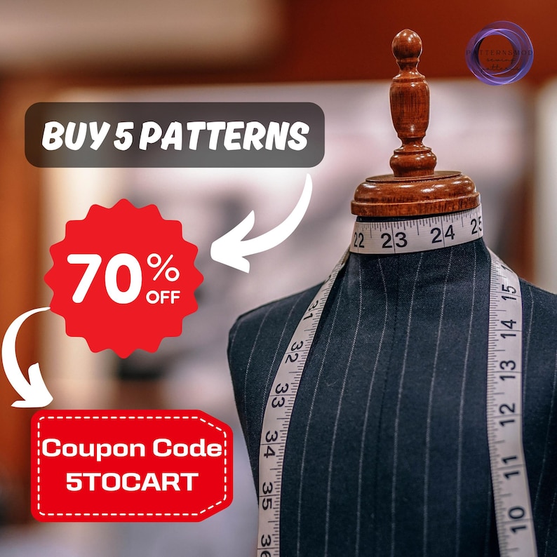 May include: A mannequin with a measuring tape around its torso, with a red circle containing the text "70% OFF" and a white arrow pointing to it. The text "BUY 5 PATTERNS" is at the top of the image. Below the red circle is a red rectangle with the text "Coupon Code 5TOCART".