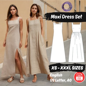 Set di modelli di cucito per abiti estivi in lino, modello di abito lungo con scollo quadrato, modello di abito Cottagecore con tasche arricciate, modello di abito minimalista