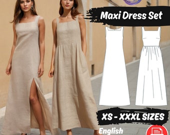 Linen Summer Dress Sewing Pattern Set, Square Neck Maxi Dress Pattern, Gathered Pockets Cottagecore Dress Pattern, Minimalist Dress Pattern