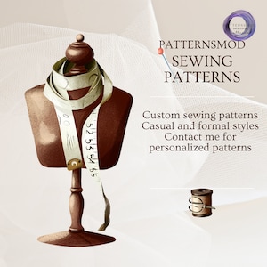 Puede incluir: Ilustraci&oacute;n de un maniqu&iacute; marr&oacute;n con una cinta m&eacute;trica alrededor del cuello. La imagen incluye el texto "PATTERNSMOD SEWING PATTERNS" y texto que promociona patrones de costura personalizados en estilos casuales y formales.