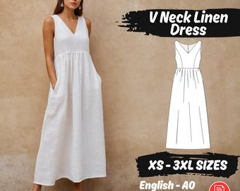 Maxi Linen Dress Pattern V Neck Sleeveless Dress Sewing Pattern, Maxi Gathered Summer Dress PDF Pattern, Easy Beginner Pattern