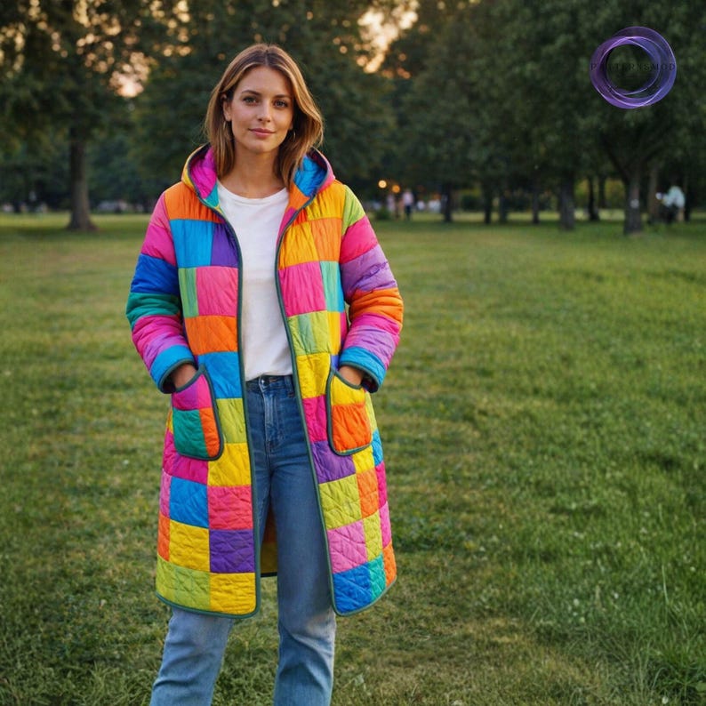 May include: A long, quilted coat with a vibrant patchwork design in shades of blue, purple, orange, yellow, and pink. The coat has a hood, pockets, and a zipper closure. The person is wearing blue jeans and a white t-shirt.