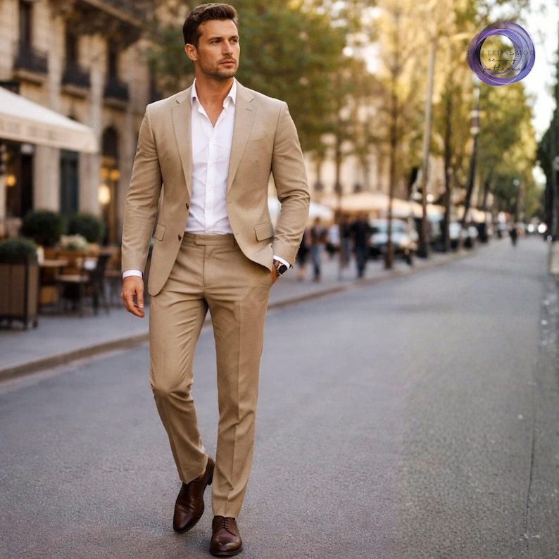 May include: A tan suit with a white dress shirt. The suit includes a blazer and matching trousers. The person is wearing brown leather dress shoes and a watch. The background shows a city street with buildings and trees.