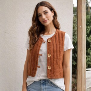 May include: A rust-colored quilted vest with three large wooden buttons. The vest has a round neckline and vertical stitching. The vest is worn over a white t-shirt.