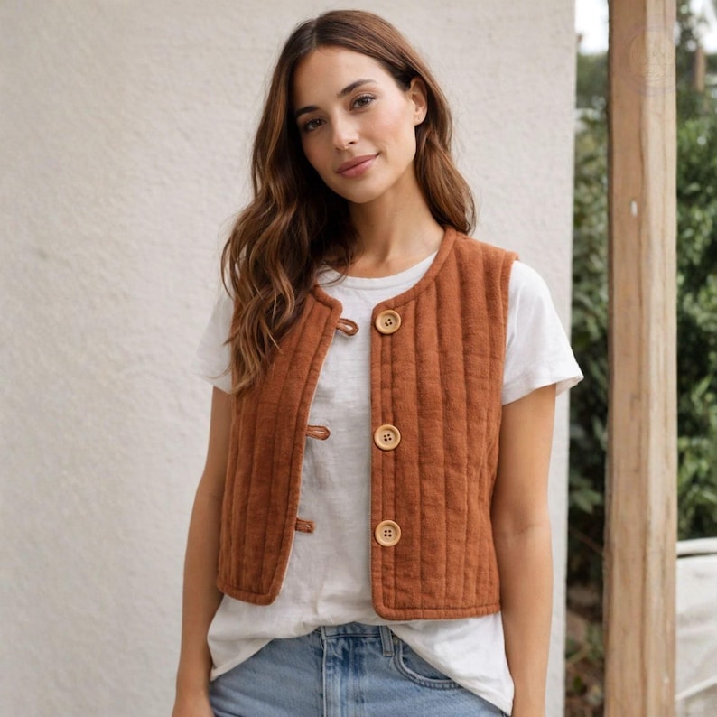 May include: A rust-colored quilted vest with three large wooden buttons. The vest has a round neckline and vertical stitching. The vest is worn over a white t-shirt.