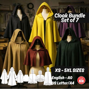 May include: A collection of seven hooded cloaks in various colors, including black, yellow, purple, and green, displayed on mannequins. The image includes a graphic that says "Cloak Bundle Set of 7" and "XS-5XL SIZES".