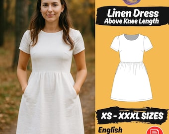 Linen Dress Sewing Pattern | Short Puff Sleeve Dress | XS - 3XL Gathered Skirt PDF Tutorial