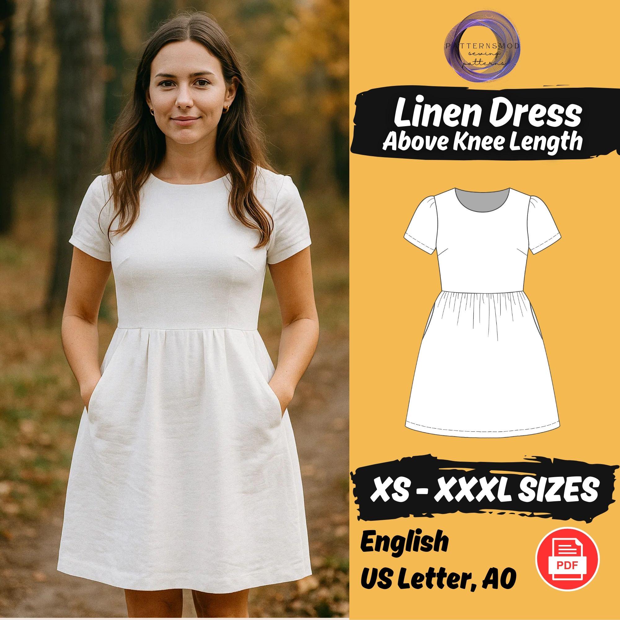 Linen Dress Sewing Pattern | Short Puff Sleeve Dress | XS - 3XL Gathered  Skirt PDF Tutorial