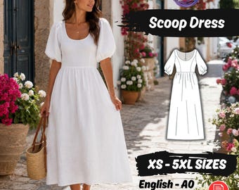 Patrón de costura para vestido largo de lino, estilo renacentista, con cintura fruncida y bolsillos. Tutorial para principiantes.