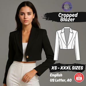 Può includere: Un blazer corto nero con un bottone dorato, abbinato a pantaloni bianchi. L'immagine include un disegno a tratto del blazer e il testo "Cropped Blazer" e "XS-XXXL SIZES". Il testo indica anche che il modello è in inglese e formato US Letter.