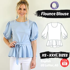 Puff Sleeve Blouse Sewing Pattern, O Neck Top Pattern, Bishop Sleeve Shirt Pattern, Flounce Crop Top Pattern, Tie Top Sewing Pattern, XS-3XL