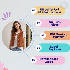 May include: A woman wearing a quilted, button-down vest in a warm brown color. The image includes text indicating a PDF sewing pattern with sizes XS-5XL, beginner level, and detailed size guide. The pattern is available in US Letter/A4 and A0 formats.