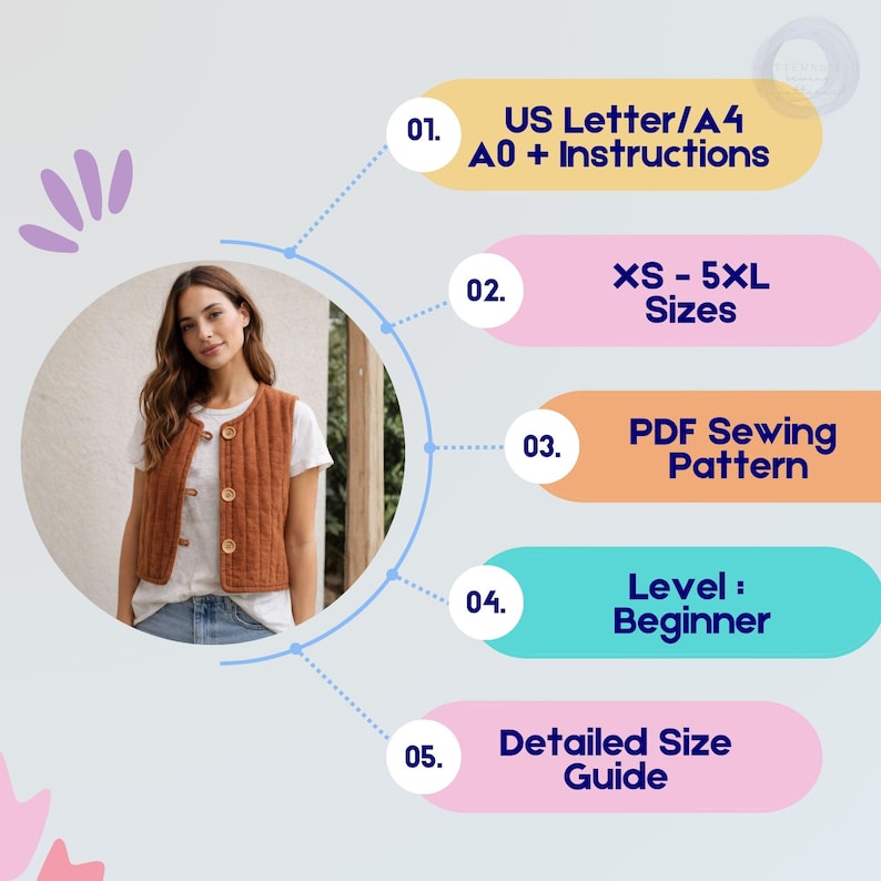 May include: A woman wearing a quilted, button-down vest in a warm brown color. The image includes text indicating a PDF sewing pattern with sizes XS-5XL, beginner level, and detailed size guide. The pattern is available in US Letter/A4 and A0 formats.
