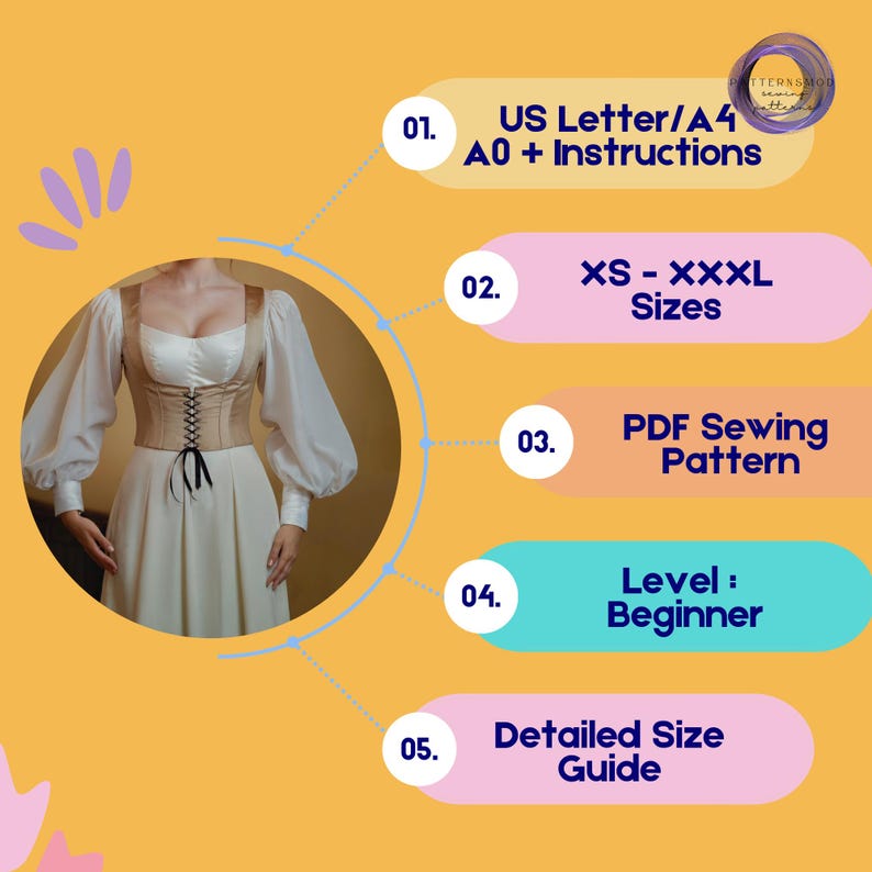 Renaissance Corset and Dress Sewing Pattern Bustier Tie Top Project, Bishop Sleeve Dress image 6