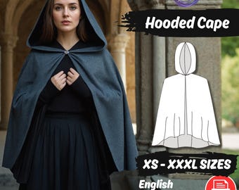 Modello di cucito per mantello con cappuccio, modello PDF per mantello da donna fantasy medievale