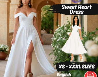 Patrón de costura para vestido largo con escote corazón, vestido de graduación con hombros descubiertos (patrón en PDF)