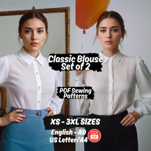 Women Button Blouse Set Pattern, Puff Sleeve Blouse Sewing Pattern, Classic Shirt Set of 2 PDF Pattern, Versatile Shirt Pattern