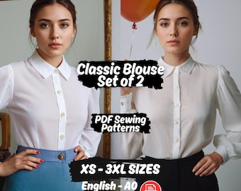 Women Button Blouse Set Pattern, Puff Sleeve Blouse Sewing Pattern, Classic Shirt Set of 2 PDF Pattern, Versatile Shirt Pattern