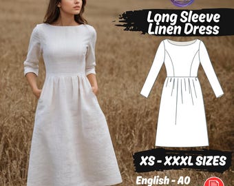 Cottagecore Linen Dress Sewing Pattern | Gathered Long Sleeve Pinafore Outfit PDF Pattern