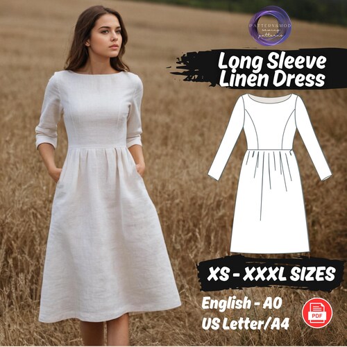 Cottagecore Linen Dress Sewing Pattern | Gathered Long Sleeve Pinafore Outfit PDF Pattern