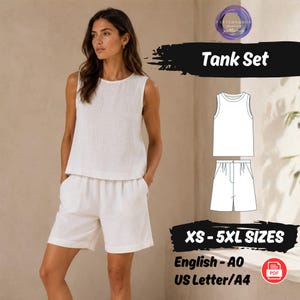 May include: A white sleeveless tank top and matching shorts set. The image includes a technical line drawing of the garments, the text Tank Set, XS - 5XL SIZES, English - A0, US Letter/A4, and a PDF icon. The design features a round neckline.