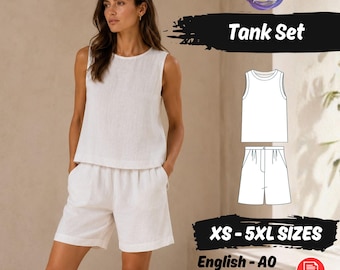 Conjunto de top holgado sin mangas, patrón de costura, top de lino, tutorial fácil, bolsillos, bermudas, pantalones cortos de descanso.
