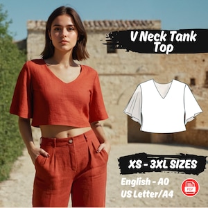Peut inclure: Une femme porte un haut sans manches col en V de couleur rouille et un pantalon taille haute assorti. Le haut a des manches courtes et évasées. L'image comprend un dessin au trait du haut et le texte "V Neck Tank Top" et "XS-3XL SIZES".