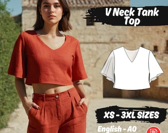 Linen Tank Top Sewing Pattern, Flare Sleeve Crop Top Pattern, V Neck Summer Blouse PDF Pattern, Women Loose Top Pattern, Beginner Pattern