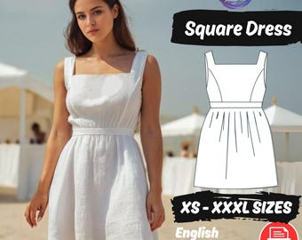 Linen Mini Dress Sewing Pattern | Square Neck, Loose Fit Pattern