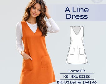 A Line Overall Dress Sewing Pattern, Women Pinafore Pockets Tunic, Tank-Dress Sewing Tutorial