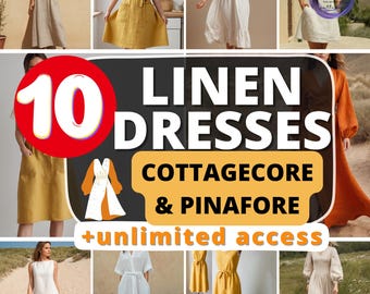 Women Linen Dress Sewing Pattern Bundle, Cottagecore Dress Pattern, Pinafore Apron Dress PDF Pattern, Maxi Prom Dress Pattern Set