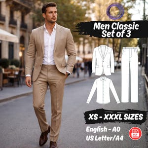 Op de afbeelding: Een beige pak met een wit overhemd. De afbeelding toont ook een set van 3 patroonsjablonen voor een blazer, overhemd en broek. Tekst op de afbeelding luidt "Men Classic Set of 3" en "XS - XXXL SIZES".
