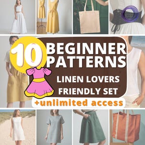 Beginner Sewing Pattern Bundle, Linen Dress, Apron, Corset, Skirt, Tank Top, Tote Bag Pattern